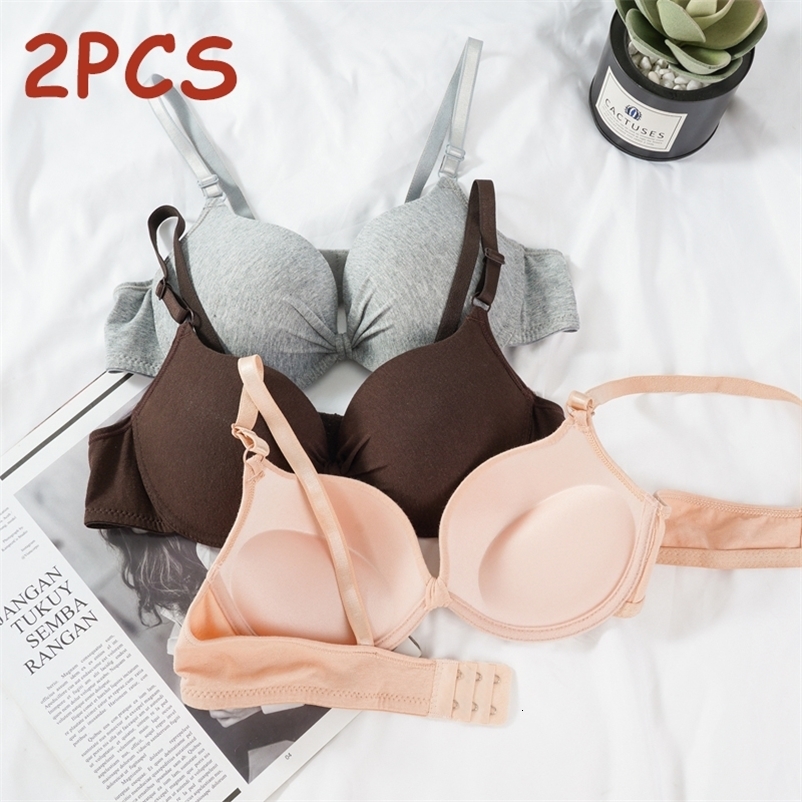 2 PCS Women Cotton Gathered Bra Fashion Sexy Simple Deep V Push Up Bra Back Button Brassiere Lingerie Bralette 250827