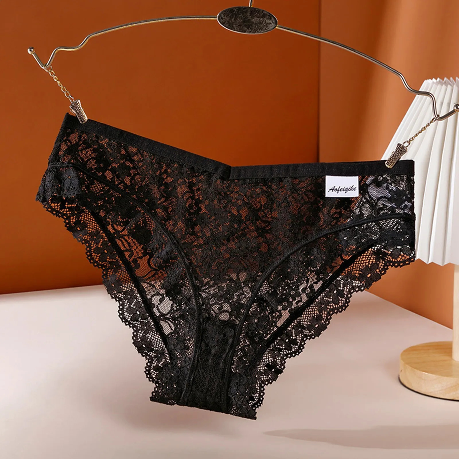 Sexy Lingeriecotton WomenS Panties Mid Waist Sexy Hollow Mesh Cotton Crotch Briefs Lace Thong Panties Underpants Woman Clothing250826