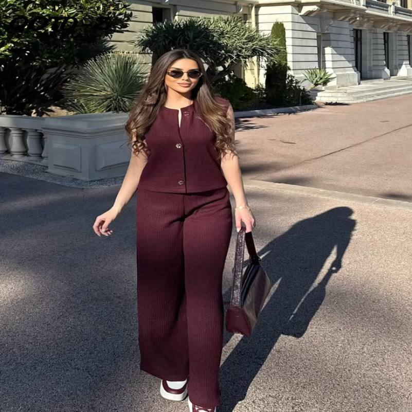 Elegant Knit Vest Set Women Casual Sleeveless Singlebreasted Cardigan Wide Leg Trousers Spring Minimalist Loose Outfits 250826