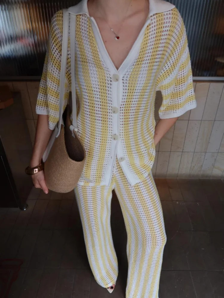 Womens Fashion Knitted Striped Pants Set Casual Lapel Short Sleeve Single Breasted Shirt Wide Leg Trouser Lady Chic Outfit 250826