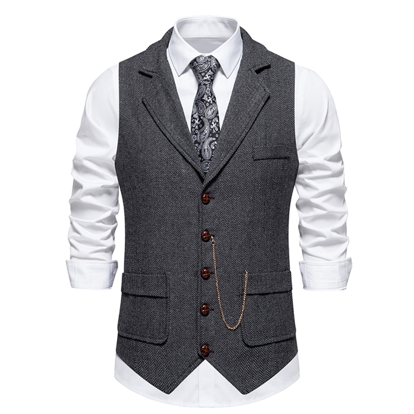 Mens Retro Lapel Chain Vest Fashion Herringbone Coarse Tweed Pockets Suit Vest British Casual Vintage Gentleman Leisure Party250826