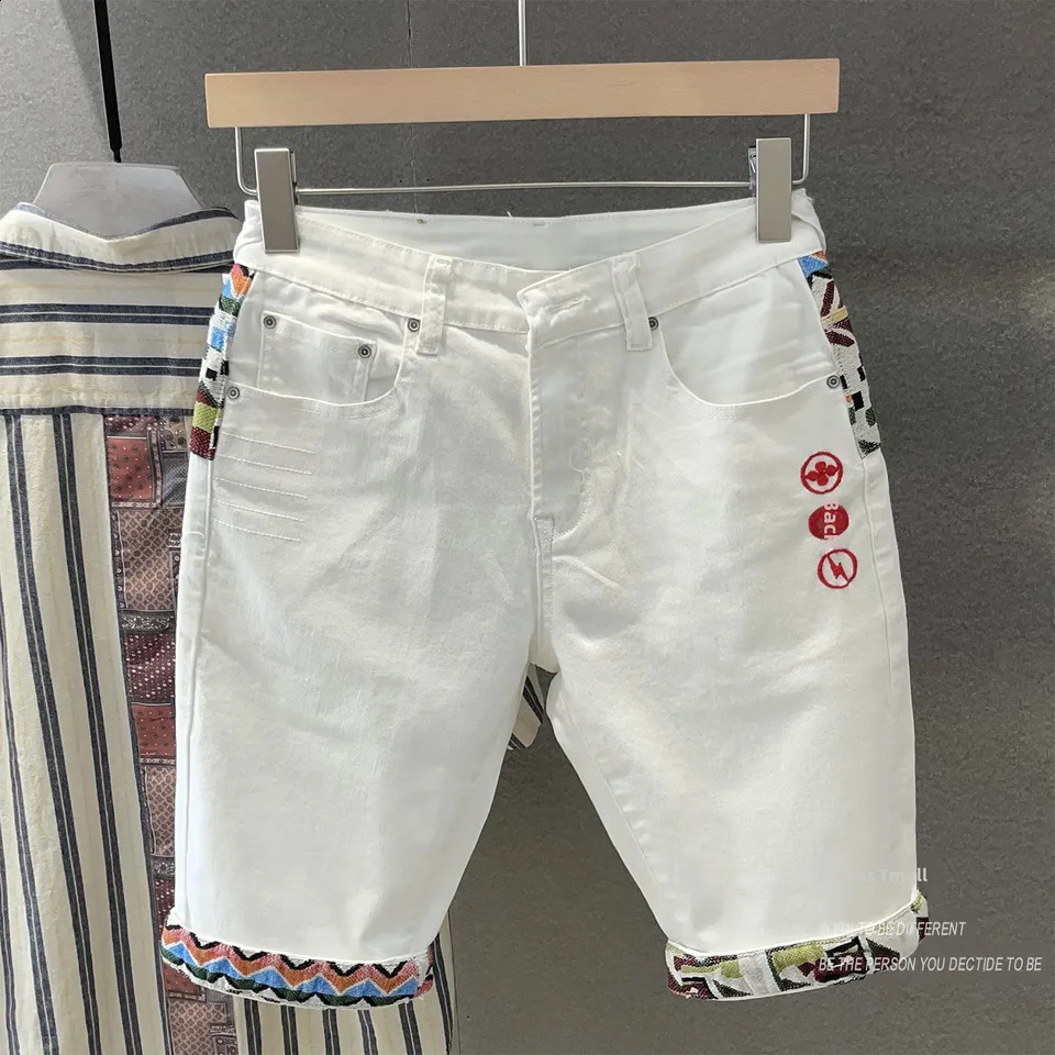 Summer Mens White Embroidery Denim Shorts Casual Trendy Straight Leg Elastic Waist Breathable Loose Fit Mid Waist Jeans250826