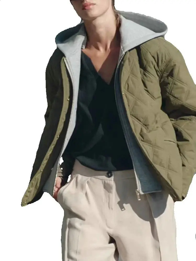 Autumn Winter Womens Casual Hooded Solid Padded Bomber Coats Female Basic Quilted Loose Army Green Parkas Baseball Jackets 250826