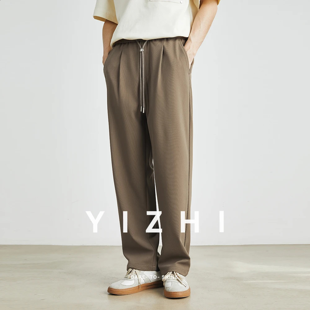 Mens Fashion Elastic Waist Drawstring Straight Pants Summer Slightly Elastic Loose Casual Japanese Mens Wear250826