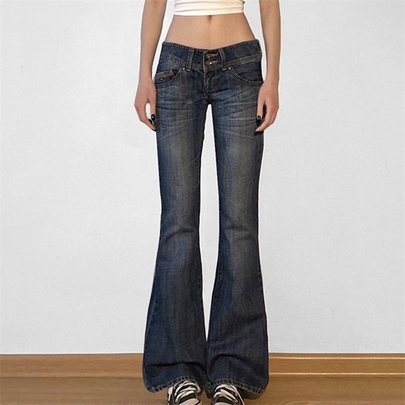 Vintage y2k Flared Jeans Retro Buttonup Low Rise Casual Denim Pants Harajuku 2000s Trousers Basic Aesthetic Mom250826