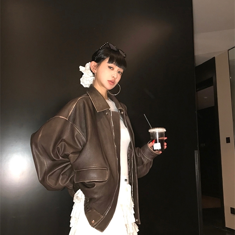 Lautaro Spring Autumn Cool Handsome Retro Oversized Distressed Brown Soft Faux Leather Jackets for Women Zipper Runway Fashion250827