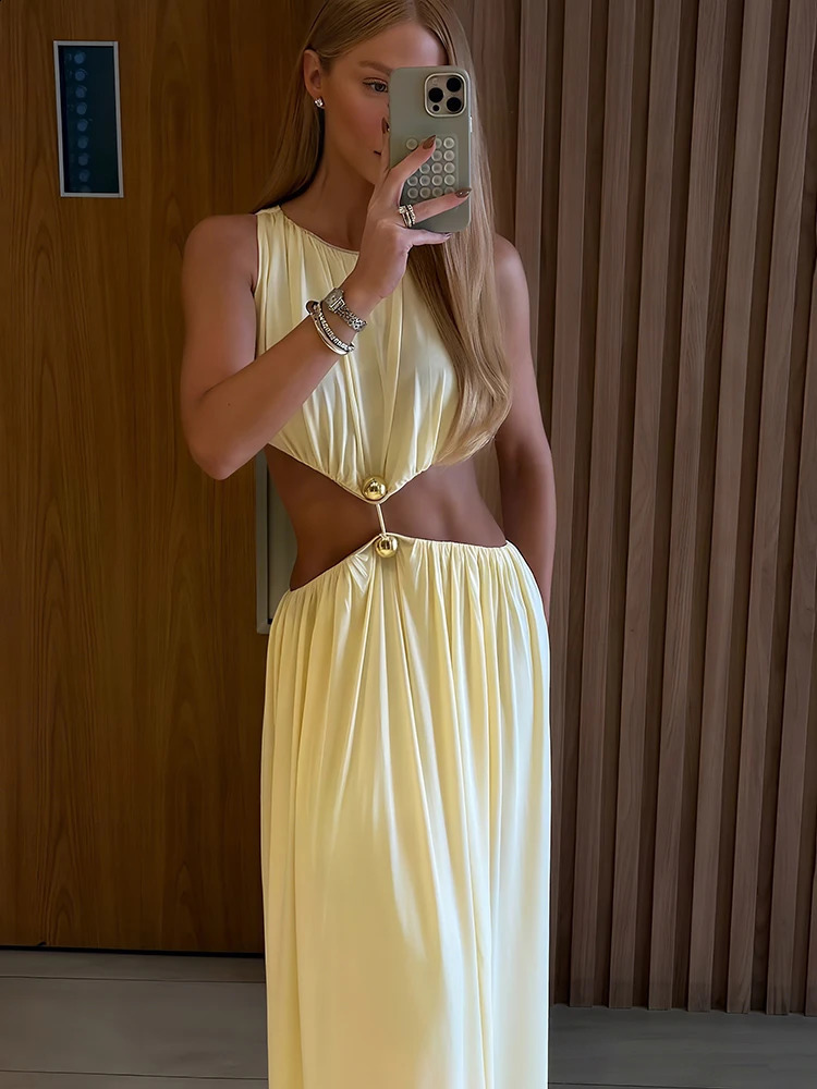 Sisterlinda Metal Patchwork Waistless Long Dresses Women oNeck Sleeveless Summer Vacation Y2K Style Ruched Elegant Vestidos 250827
