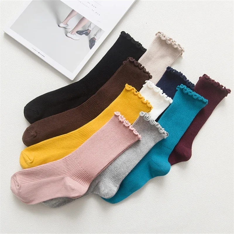 135 Pairs Lace Trim Ruffle Socks Cotton Stacked Mid Calf Solid Color Kawaii Vintage Princess Spring Autumn w250827