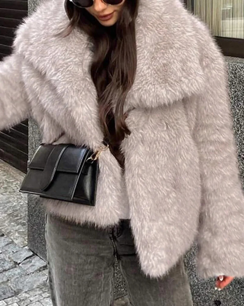2025 Fashion Autumn Winter TurnDown Collar Long Sleeve Faux Fur Coat Jacket Casual Warm Fluffy Cropped Coat250827