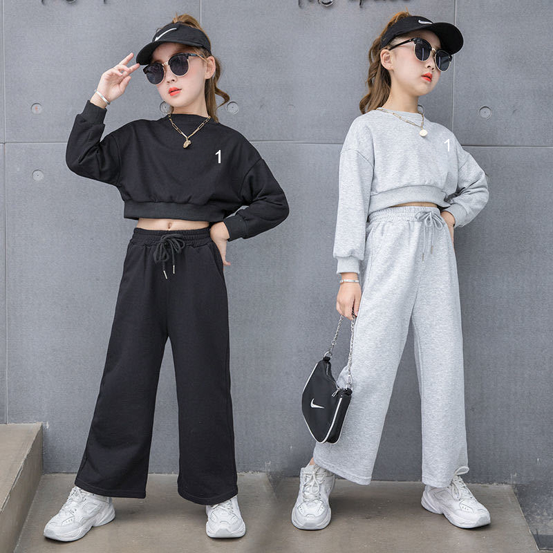 Girls Sweater Set Autumn Clothes Kids Gym Set Celebrity Short Long-sleeved Sweatshirt Wide-leg Pant Trendy Z-511