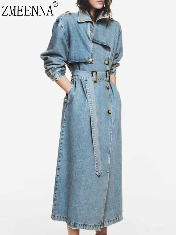 ZMEENNA Womens Denim Double Breasted Trench Coat With Belt Long Sleeve Classic Lapel Jean Jacket Casual Outerwear ZM1052 Z250828
