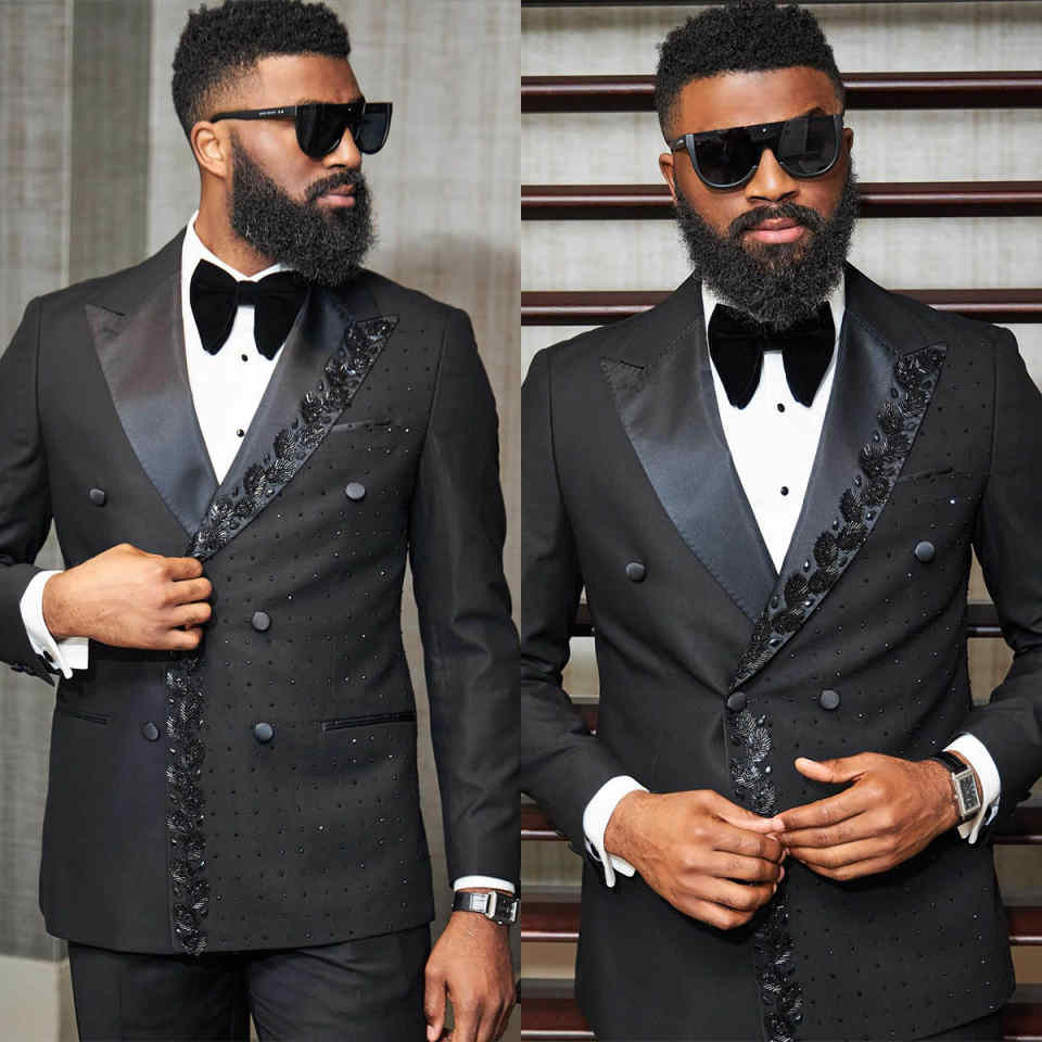Tailored Black Mens Party Suits 2 Pieces Beads Groom Wedding Tuxedos Banquet Birthday Formal Wear Customized