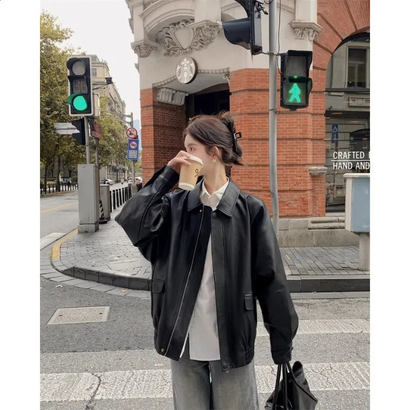Autumn and Winter American Style Retro Coffee Brown Loose Slimming Leather Jacket Womens Short Motorcycle Women 250827