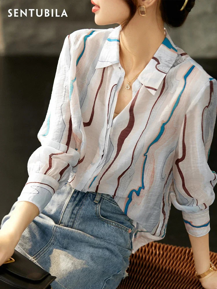 SENTUBILA Thin Sheer Printed Shirts Office Lady Long Sleeve Womens Chiffon Tops and Blouses 2025 Spring Woman Clothing Q23C44421 250828