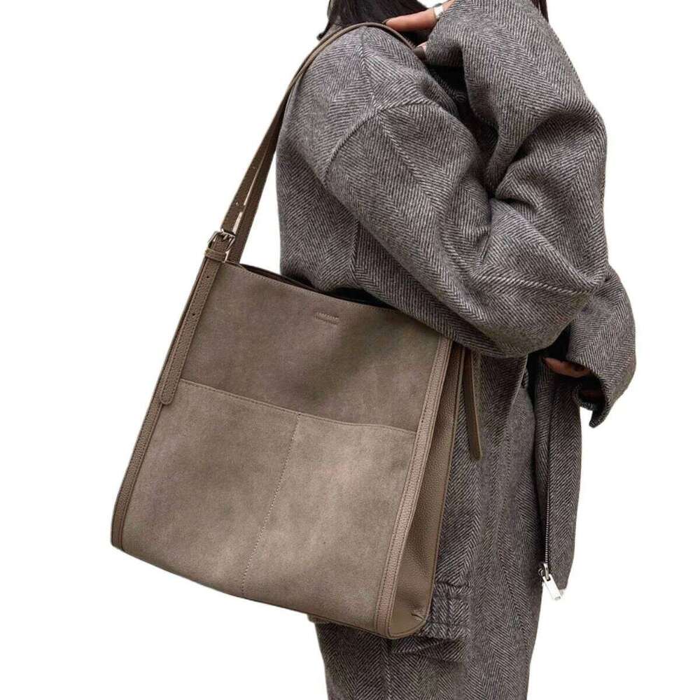 Hot Sale Simple Autumn Grey Coffee Color Bucket Tote Large Capacity Genuine Cow / Suede Leather Women Armpit Shoulder Bag 20250805