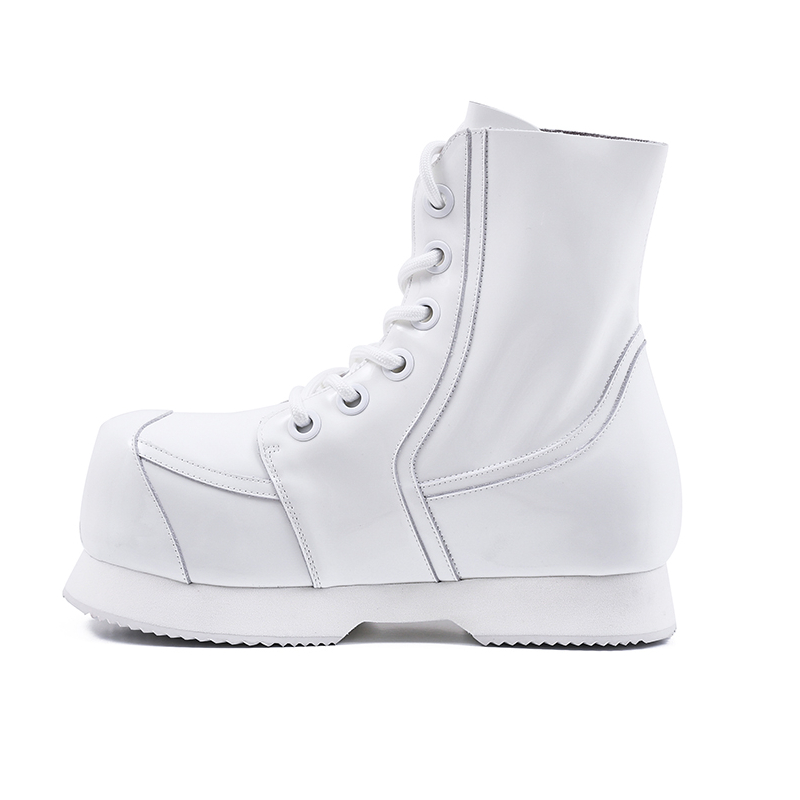 Men's White Patent Leather Chelsea Boots, Genuine Leather Chunky Sole Work Boots with Big Toe Design P30D50