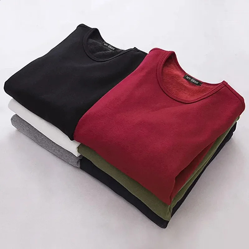Winter Mens Longsleeved Thermal Underwer TShirt Thickening Velvet Round Neck Shirt Autumn Plus Velvet Fashion Tshirt 250827