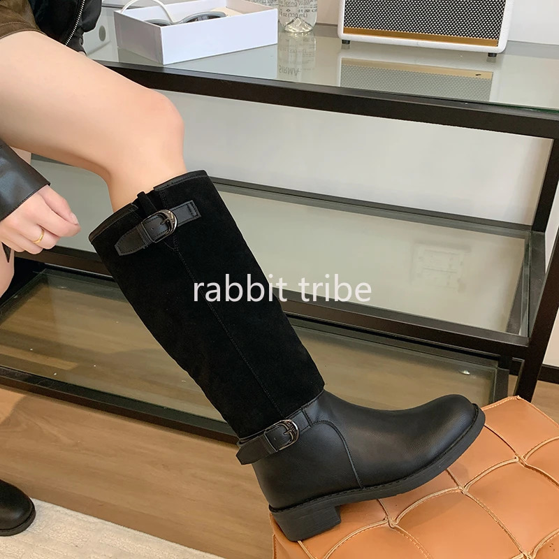 Women Splicing Round Head Belt Buckle Sexy Boots for Womens High Tube Knight Boots Retro Versatile Look Slim and Knee High Boots 250821