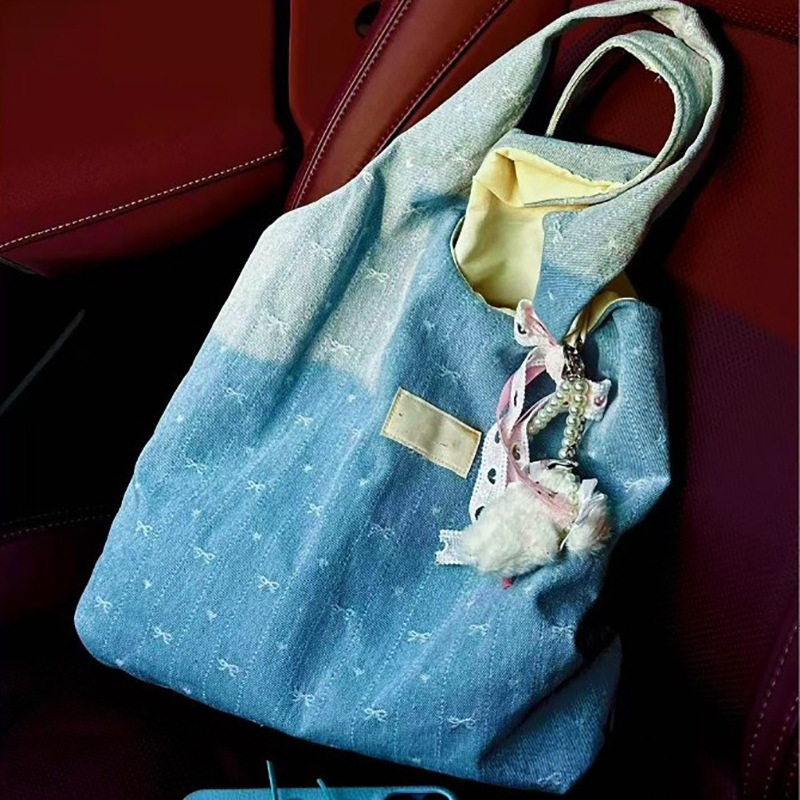 Korean Style Bowknot Denim Embroidered Canvas New Large Capacity Commuter Student Class Shoulder Tote Bag