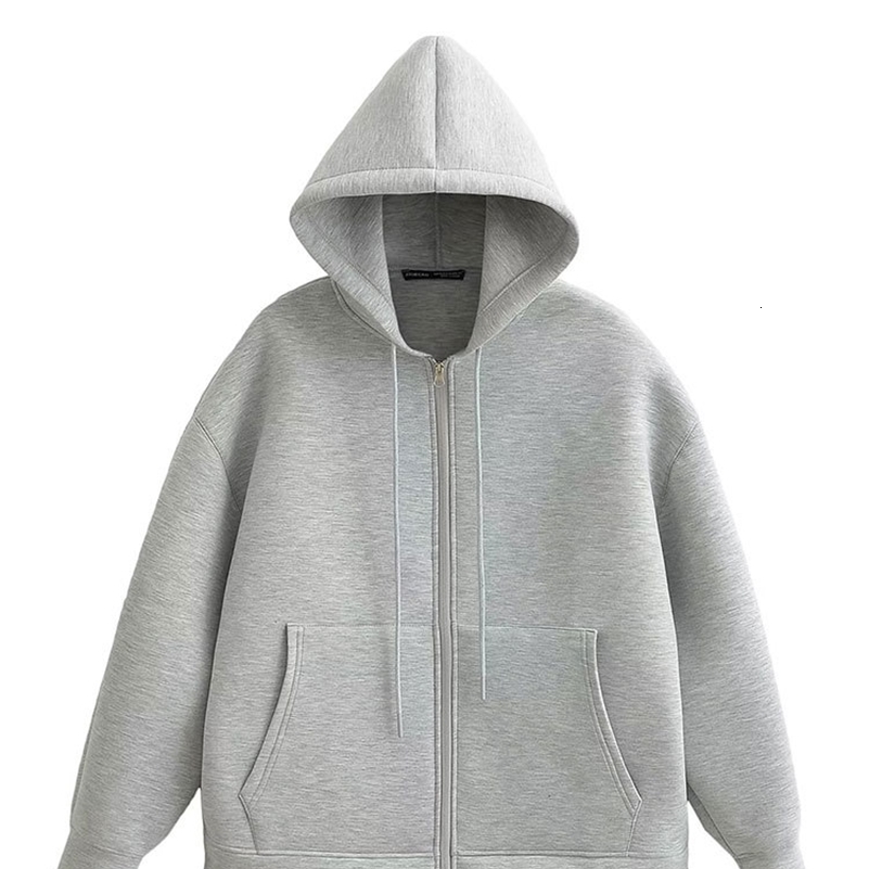 Autumn Women Gray Jacket With Hood Long SleEve Big Pocket Zipper Coat WoMAN Loose Casual Outerwear Tops y250827