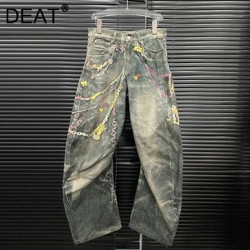 DEAT Fashion Womens 3D Chain Printed Contrast Color Jeans Niche n High Waist Casual Denim Pants Female Trendy 11A04071 250828