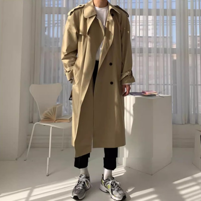 Korean Style Spring Trench Coat Man Streetwear Windbreaker Men Solid Business Casual Loose Sashe Fashion Long Overcoat 250918BJ