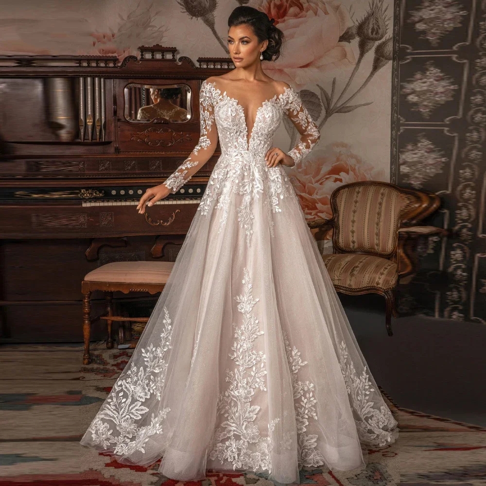 New Arrival A-line Wedding Dress Sheer Neck Long Sleeves Lace Appliques A Line Tulle Sweep Train Beach Bride Gowns Abito Da Sposa vestidos de noiva