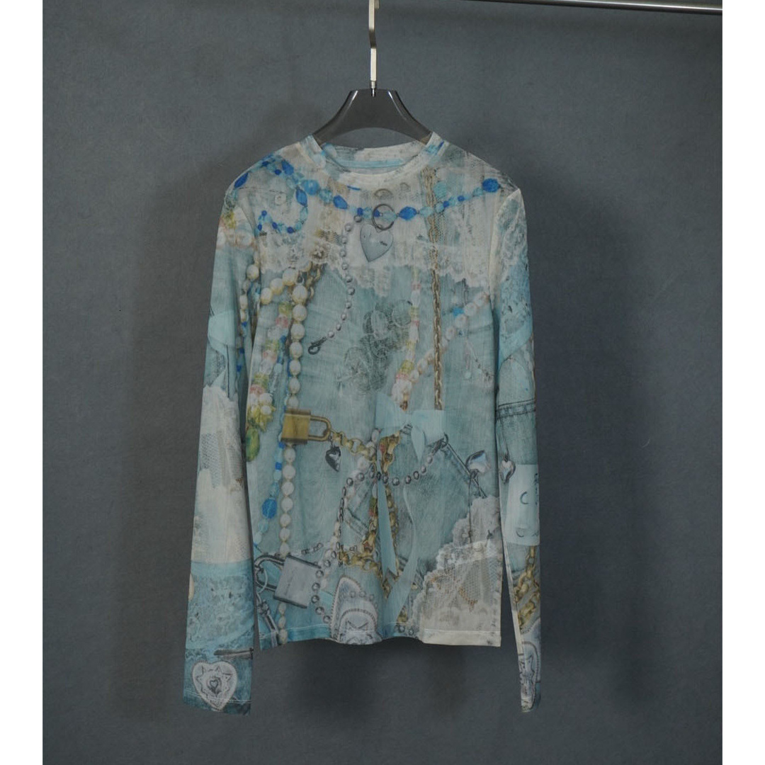 AC Autumn Niche Printed Beaded Round Neck Mesh Thin Top Base Long Sleeve T-Shirt Women's 3D Three-Dimensional Pattern