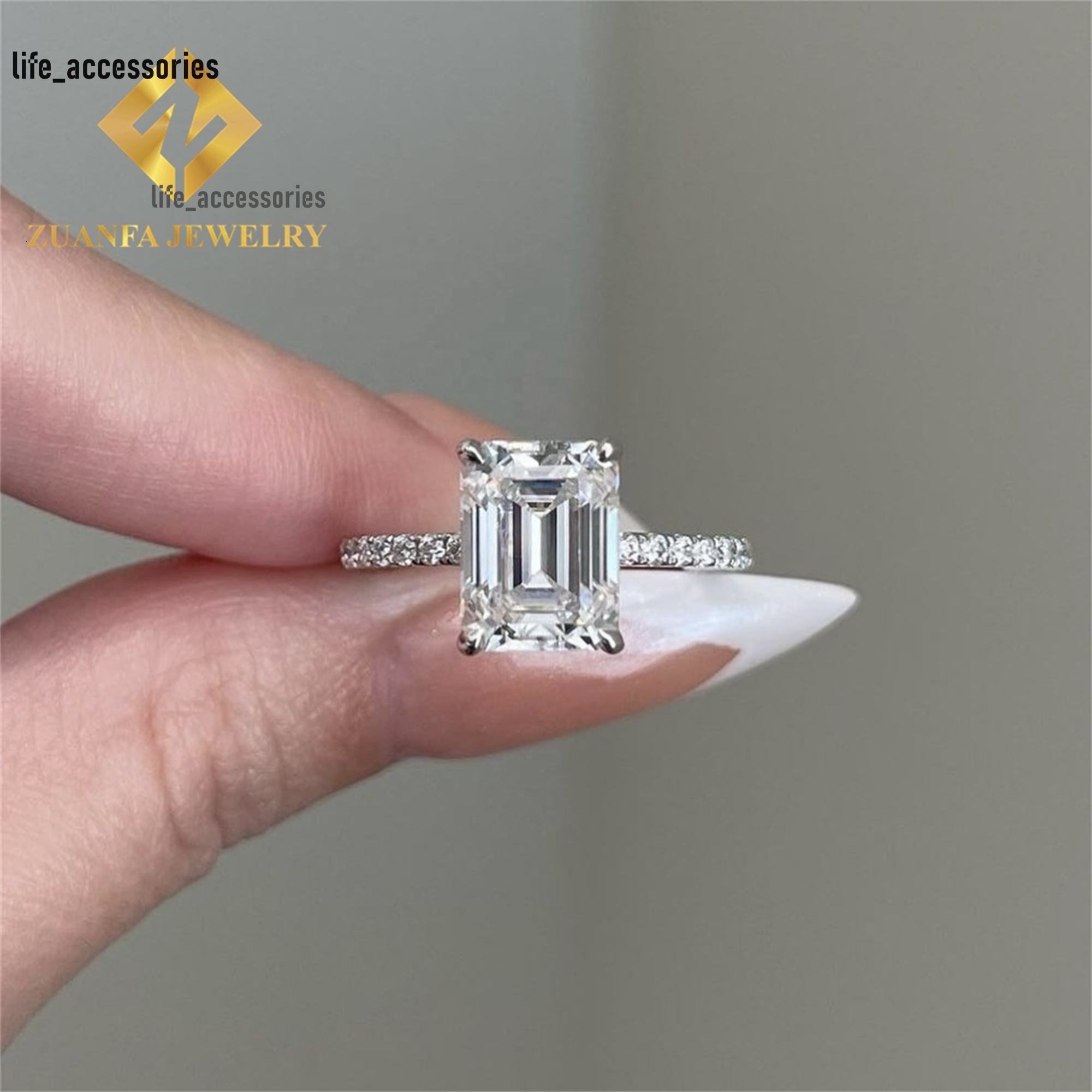 New Design Hidden Halo Pave Luxury Bridal Wedding Jewelry 18k 3Ct Emerald Lab Grown CVD Diamond Engagement Band Rings for Women