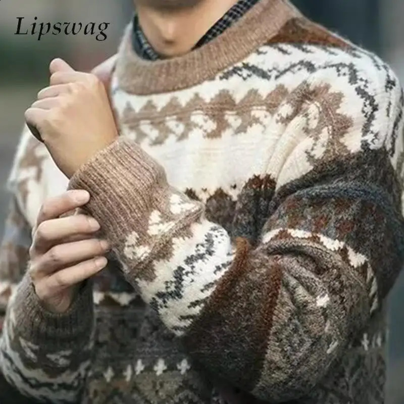 Vintage Style Sweaters Mens Fall Winter Christmas Graphic Crochet Knit Jumpers Mens Fashion Long Sleeve Crew Neck Knitted Tops 250828BJ