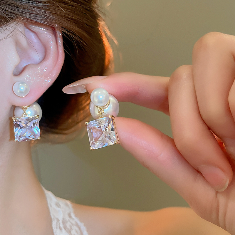 Gold - Toned Double - Pearl Stud Earrings, Square - Cut Iridescent CZ Accents, Vintage - Glam Elegance for Daily or Polished Styles, Luxe Jewelry Ac