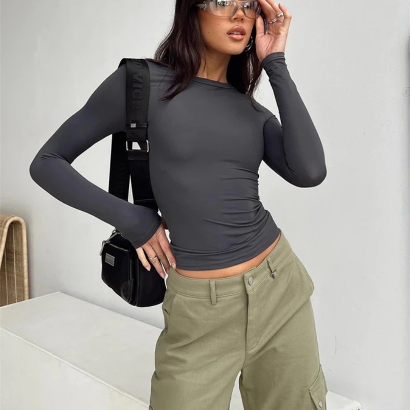 Womens Long Sleeved TShirt Spring And Autumn Solid Color Slim Fit Pullover Womens Basic TShirt Y2k Clothes Street Wear250827