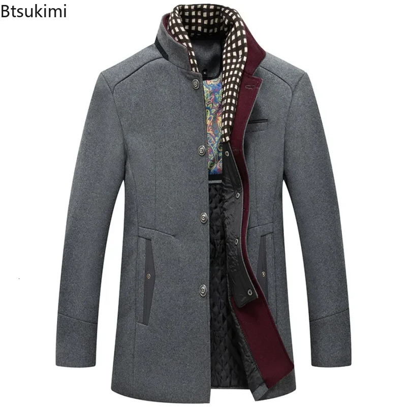 Mens Autumn Winter Wool Blends Coat Business Casual Cashmere Trench Coats Fashion Scarf Collar Man Warm Woolen Overcoats 250828