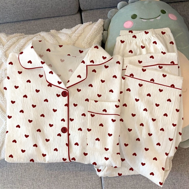 Spring and Autumn Womens Pajamas Loungewear Set Girl Love Cardigan Crinkled Fabric Long Sleeve 250827