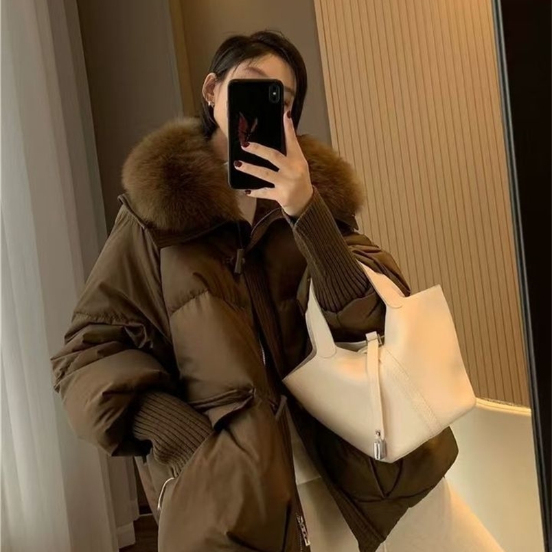 Winter Fur Collar Puffer Down Parka Loose Down Warmer Thicken Snow Jacket Pocket Zipper Faux Fur Outerwear Female250827