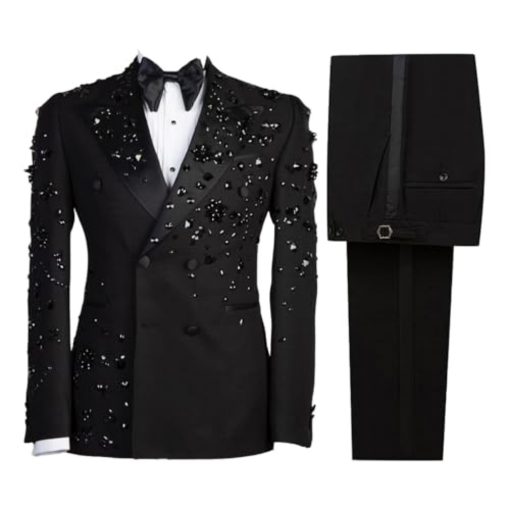 Luxurious Men Suit Peaked Lapel 2 Pcs Crystal Wedding Tuxedos Handsome Double Breasted Evening Prom Grooms Blazers Customized