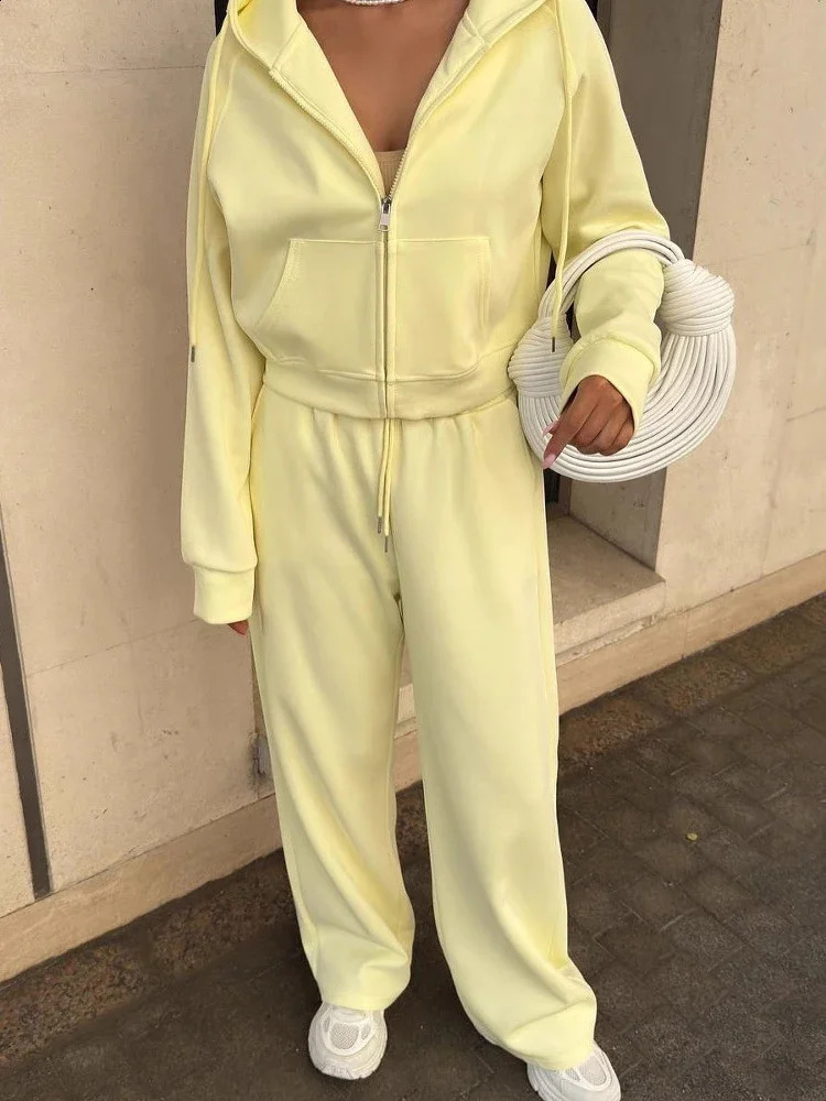Chic Long Sleeves Zipper Hooded Top Sets Womens Casual Straight Wide Leg Pants Suit Autumn Office Lady Commute Outfit 250828