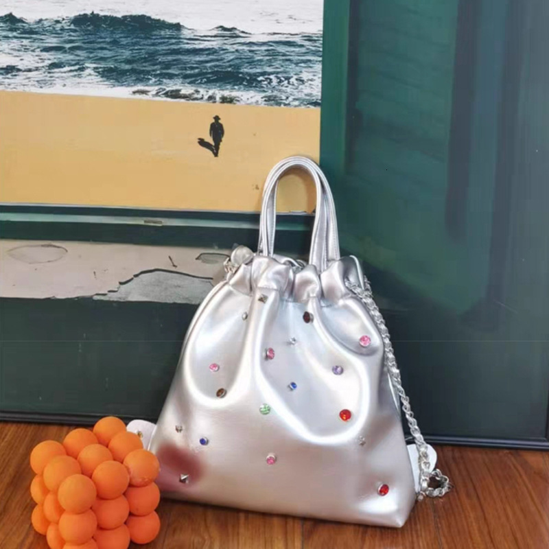 New Silver Color Chain Backpack Handbag Simple Versatile Drawstring Tote Bag