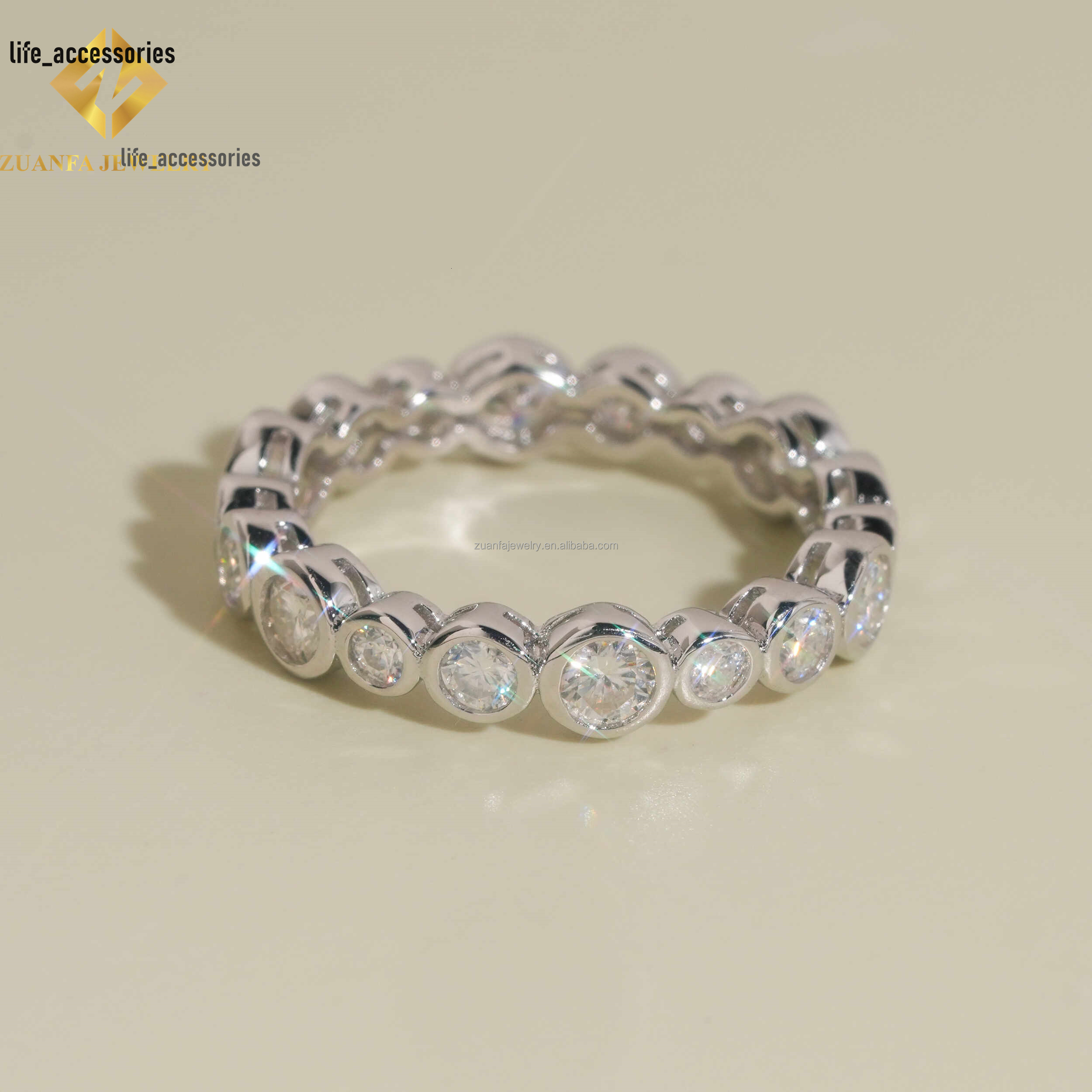 Christmas Gift Bridal Engagement Jewelry Wedding 925 Sterling Silver White Gold Bezel Setting Moissanite Eternity Band Ring