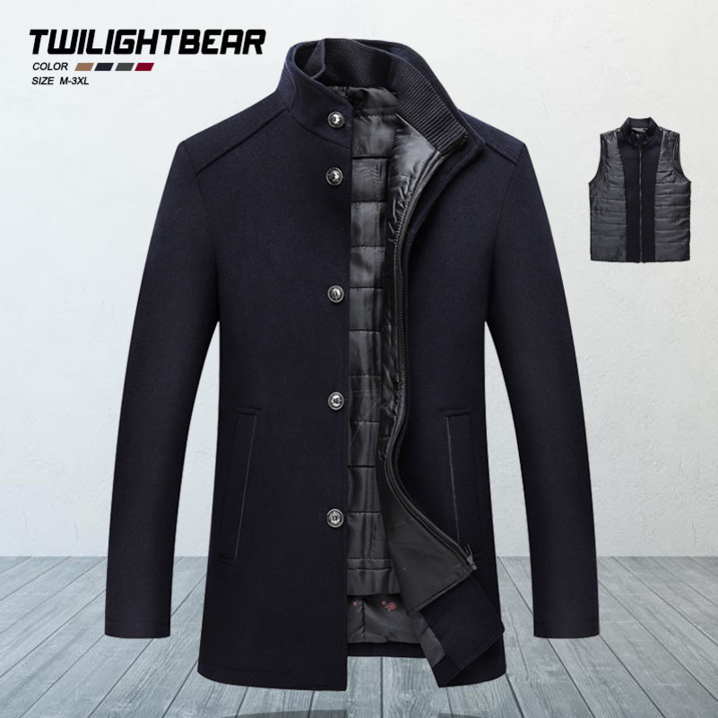 Winter Mens Wool Coat Solid Stand Collar Overcoat Removable Liner Thicken Outerwear Clothing Father Coats A4F997 250828