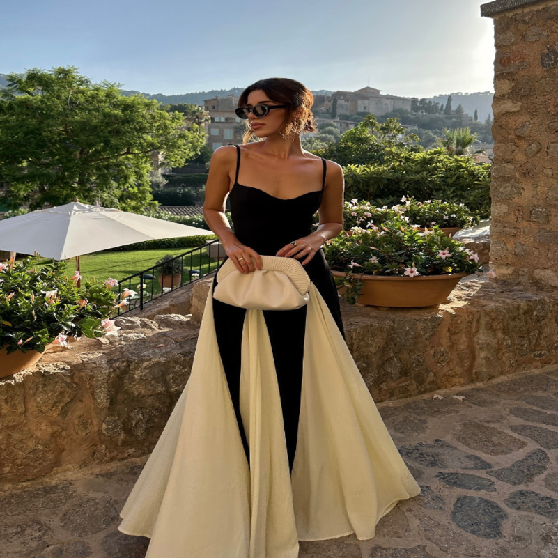 Fashion Contrast Womens Vneck Sling Long Dress For Women Elegant Pleated Backless Sleveless Maxi Dresses Lady Evening Vestidos 250828