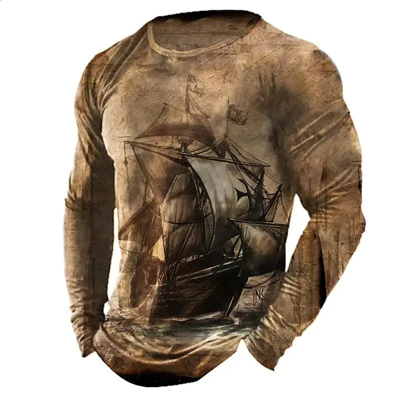 Vintage Print Long Sleeve Tshirt 3d Print Compass Long Sleeve Casual ONeck T Shirts Oversized Tops Tee Shirt Man Clothes250828