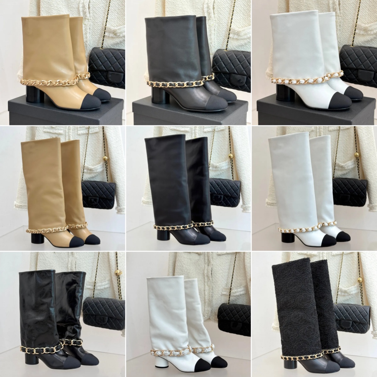 designer boots woman knee boots round toe winter boots for women fashion chain rain boots chunky heel knight boot lace luxury shoe vintage classic b