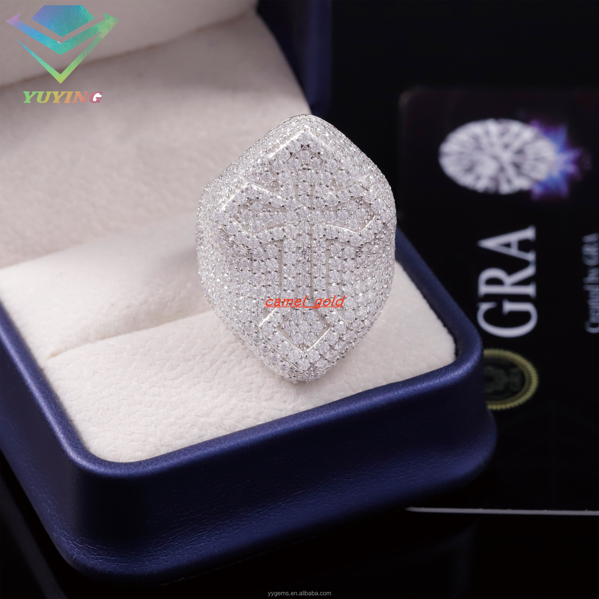 In Stock Fashion Design Cross Ring Baguette Diamond 18K Gold Plated 925 Sterling Silver Moissnanite Diamond Ring for Men
