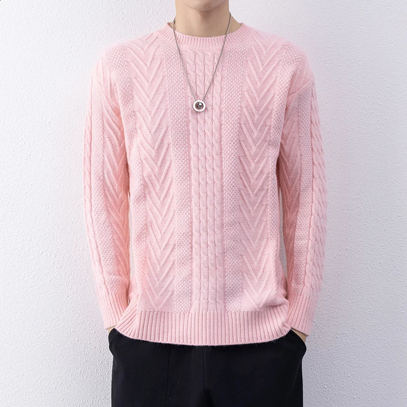 Sweat Y2k Knitted Mens Casual Sweater High Quality Round Neck Twists Weaving Pink Pullover Men Fashion Warm Sweater 250828BJ