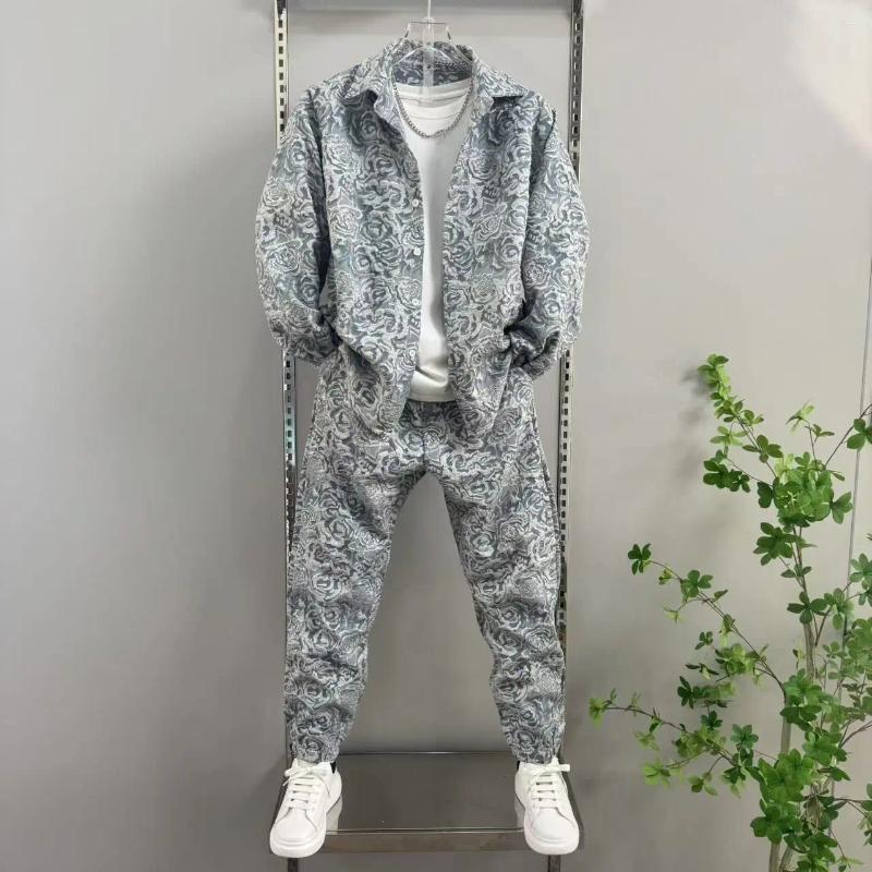 Men's Tracksuits Spring And Autumn Casual Suit Lapel Jacquard Shirt Trousers Two-piece Set Comfortable Loose