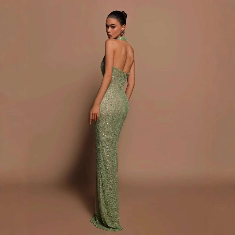 Cross-Border European and American Foreign Trade Hot-Selling Sexy Sequin Bodycon Halter Neck Slim Fit Evening Dress (3 Colors)