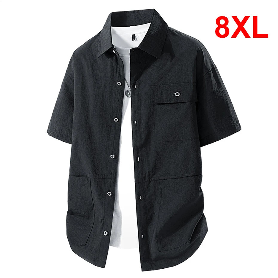 9XL Plus Size Shirt Summer Cargo Shirts Men Fashion Casual Solid Color Male Big 250828