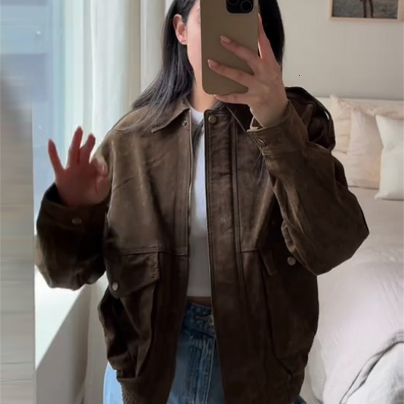Autumn High Street Womens Coat Brown Big Pocket Long Sleeve Zipper Female Coats 2025 Fashion Turndown Collar Loose Lady Outwear 250827