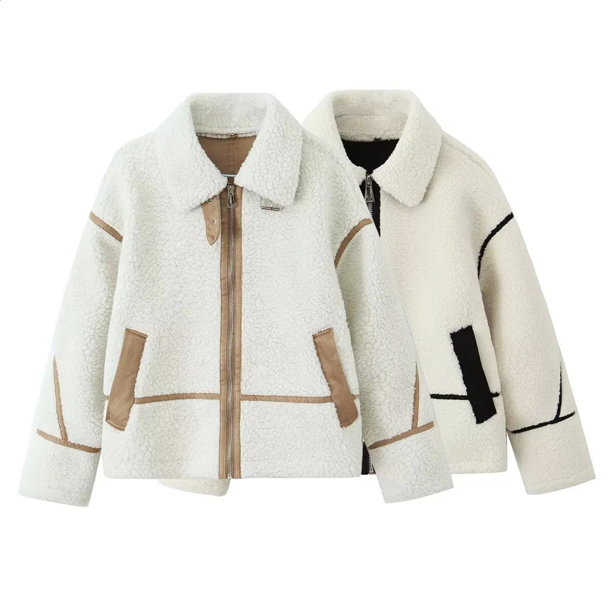 BSK TRAF autumn and winter womens fashion lapel longsleeved edited line decoration fleece doublesided jacket250827